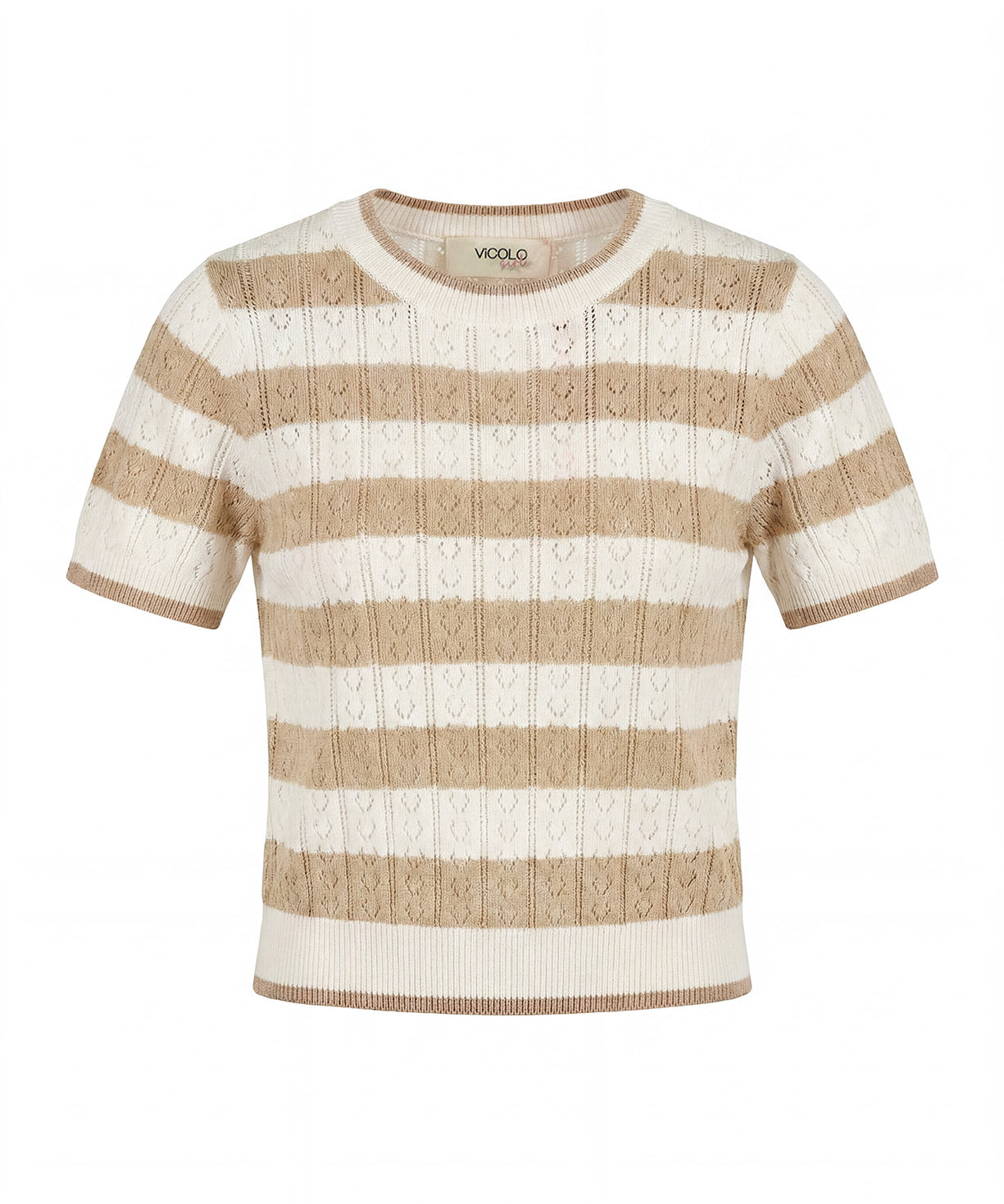 Vicolo Kids T-Shirt a Righe Bianco e Cammello in Maglia per Bambine