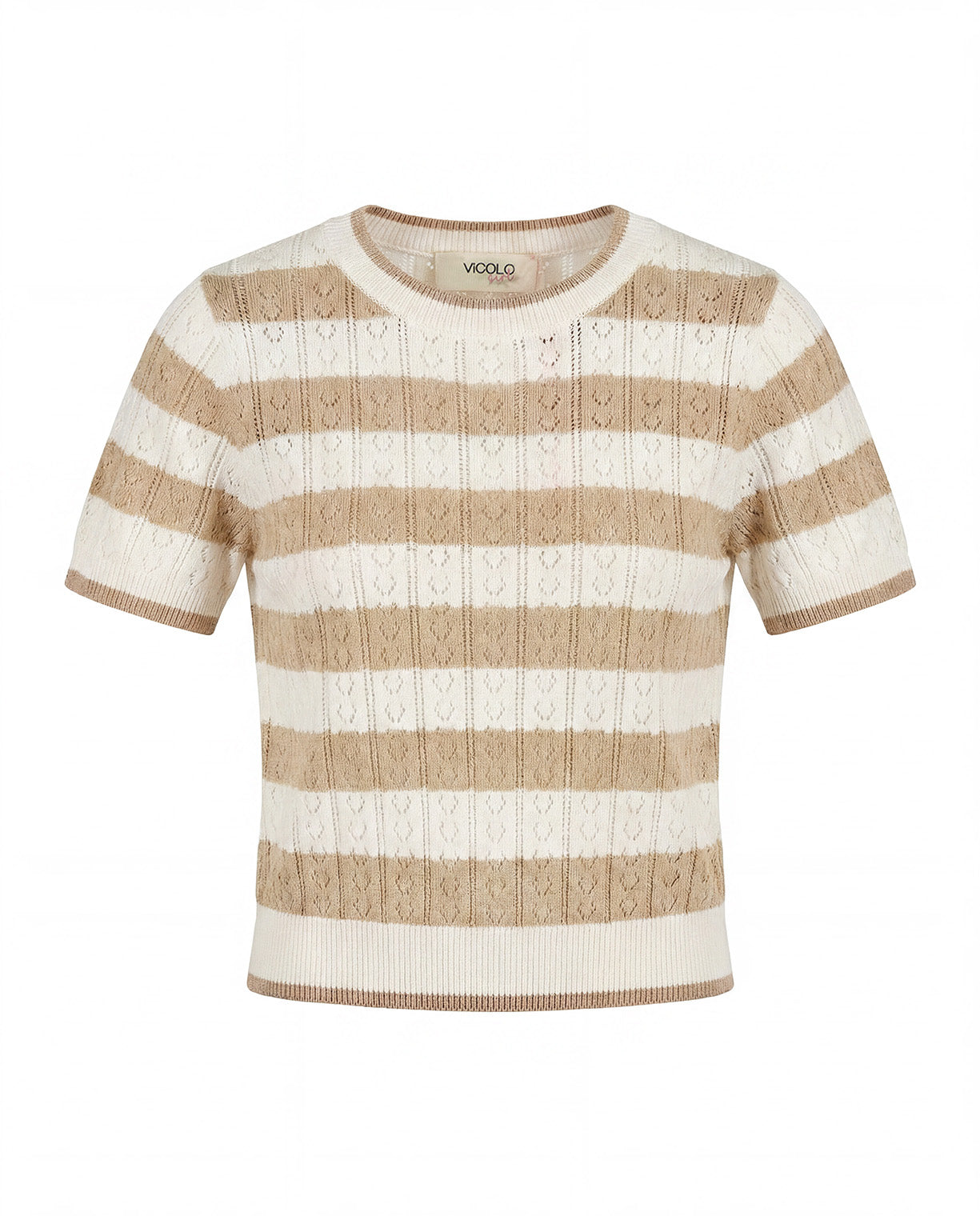 Vicolo Kids T-Shirt a Righe Bianco e Cammello in Maglia per Bambine