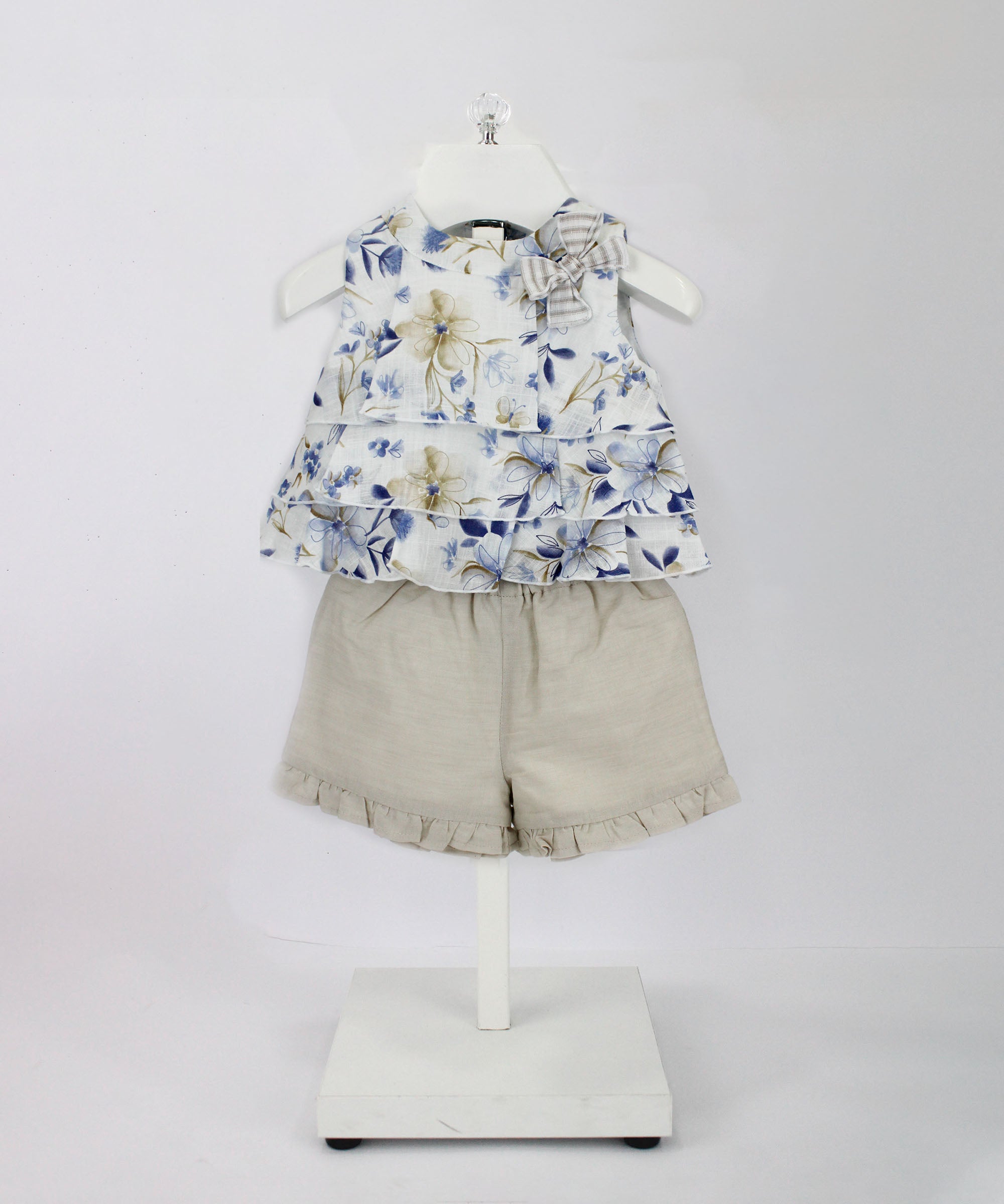 Minibanda Top Floreale con Shorts Beige per Neonate