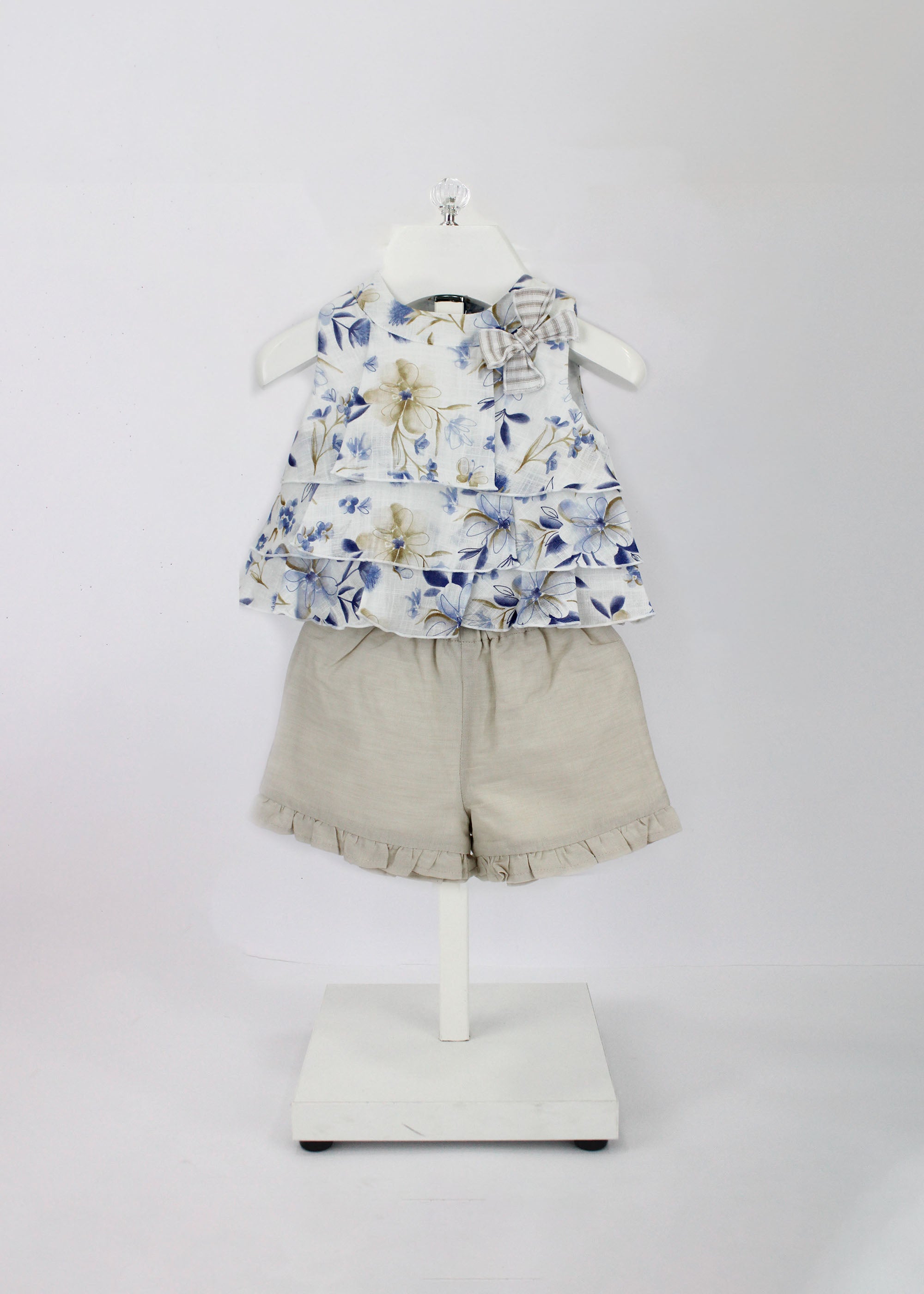 Minibanda Top Floreale con Shorts Beige per Neonate