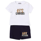 Moschino Kids Set 2pz. Completo T-shirt Avorio con Stampa e Short Abbinati neri Unisex per Neonati