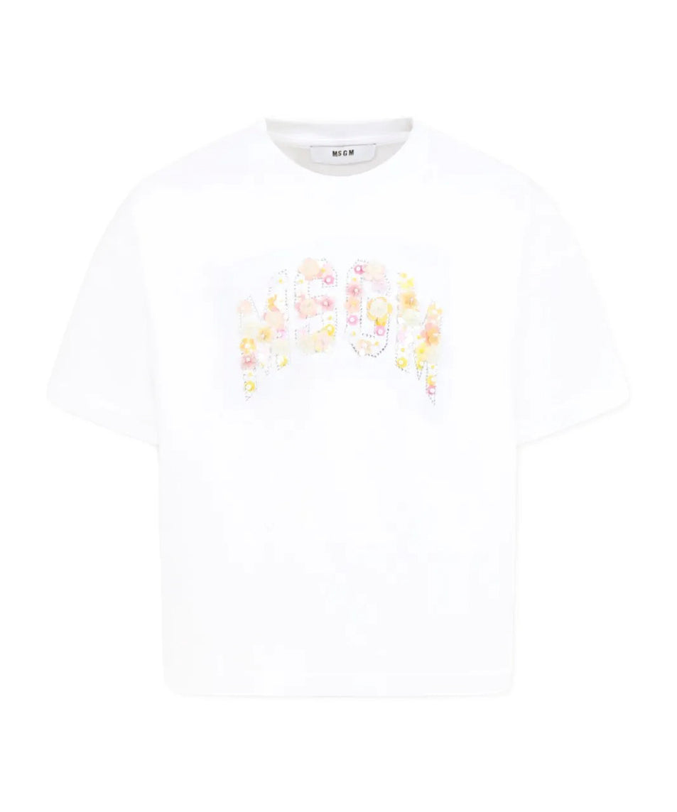 MSGM Kids T-shirt Bianca con Applicazione Fiori per Bambine fronte