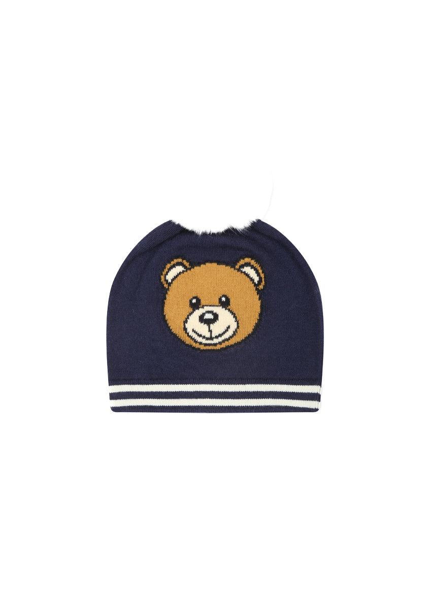 Moschino Kids Cappello in Maglia Blu Navy con Pon Pon