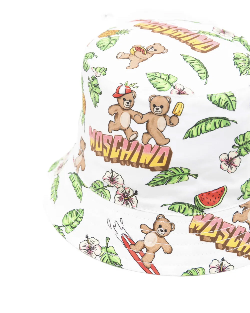 Moschino Kids Cappello Bianco con Fantasia Hawaii All-Over per Neonati