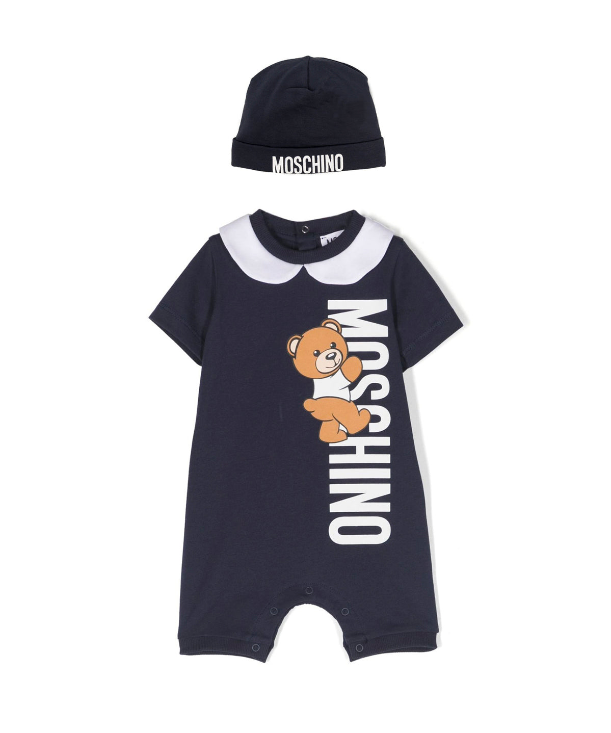 Moschino Kids Pagliaccetto Blu con Berretto Teddy Bear per Neonati (fronte)