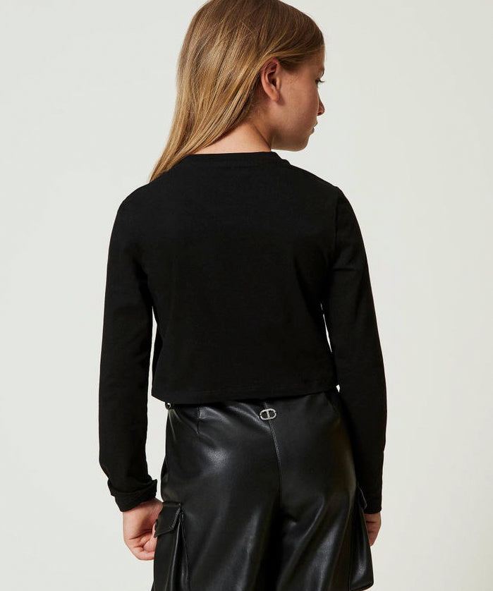 Twinset Kids T-shirt Nera Crop con Logo Gommato per Bambine (retro)