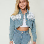 Twinset Kids Giacca Crop in Denim con Pizzo 