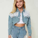 Twinset Kids Giacca Crop in Denim con Pizzo 