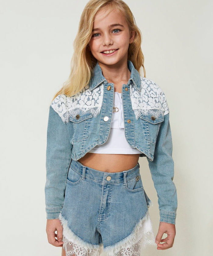 Twinset Kids Giacca Crop in Denim con Pizzo 