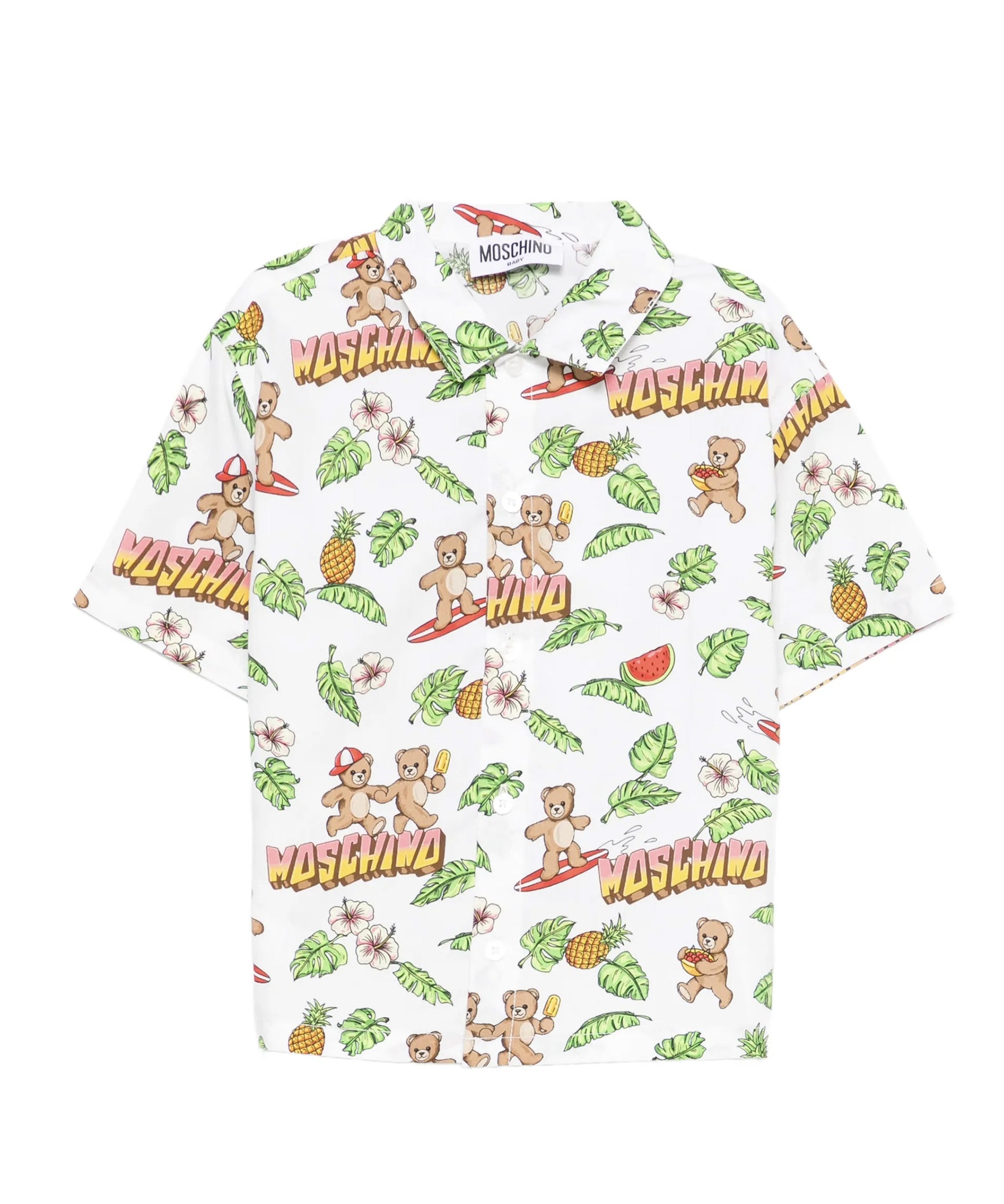 Moschino Kids Camicia Bianca con Fantasia Hawaii All-Over per Neonati
