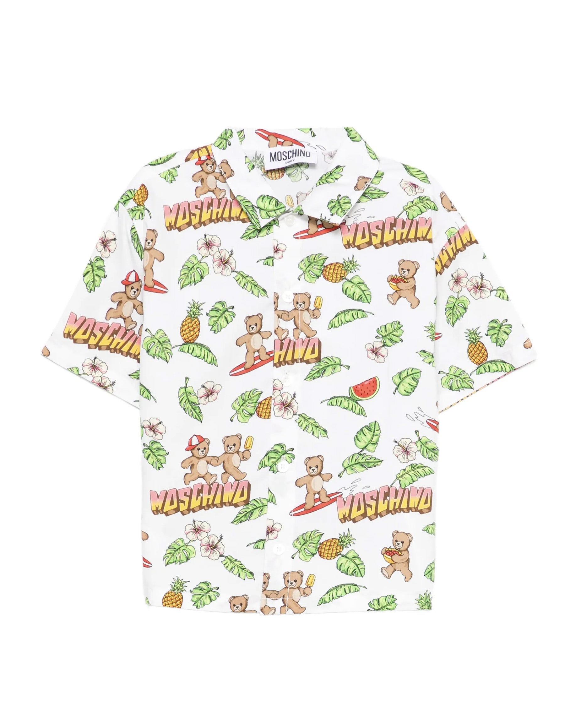 Moschino Kids Camicia Bianca con Fantasia Hawaii All-Over per Neonati