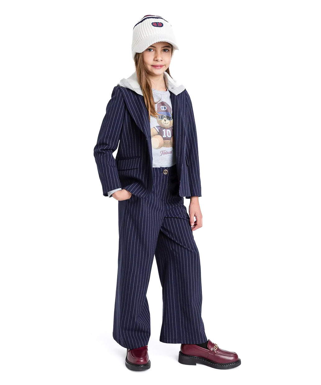 Twinset Kids Pantalone Blu Con Motivo a Righe Verticali a Contrasto per Bambine