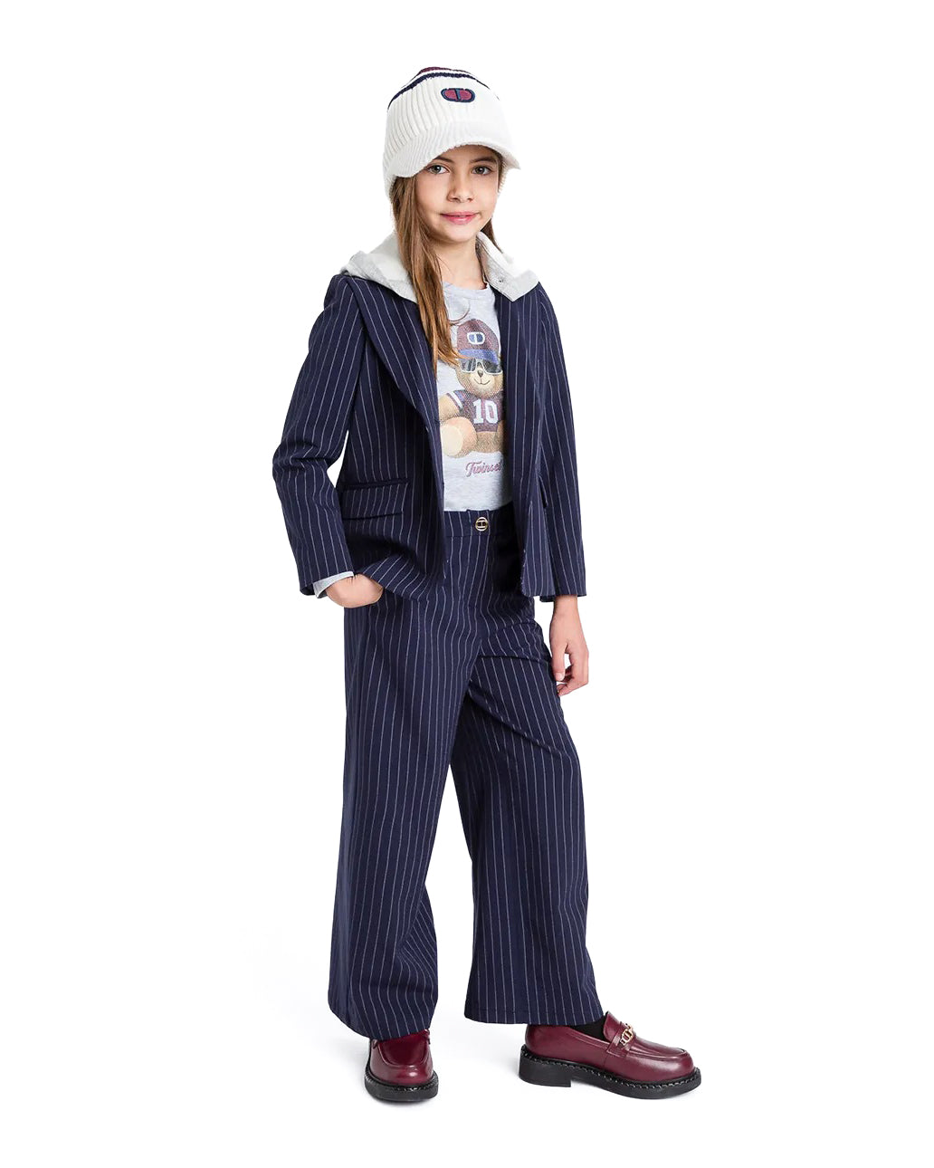 Twinset Kids Pantalone Blu Con Motivo a Righe Verticali a Contrasto per Bambine