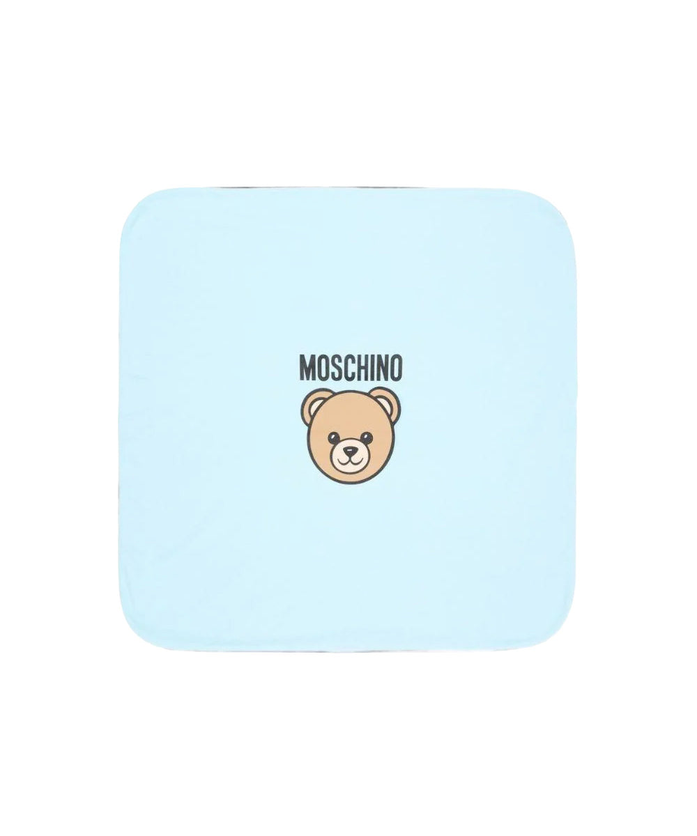 Moschino Kids Copertina Celestein Cotone con Stampa Teddy Bear e Logo per Neonati