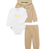 Lacoste Kids Completo Beige con Zip + Body Bianco per Neonati