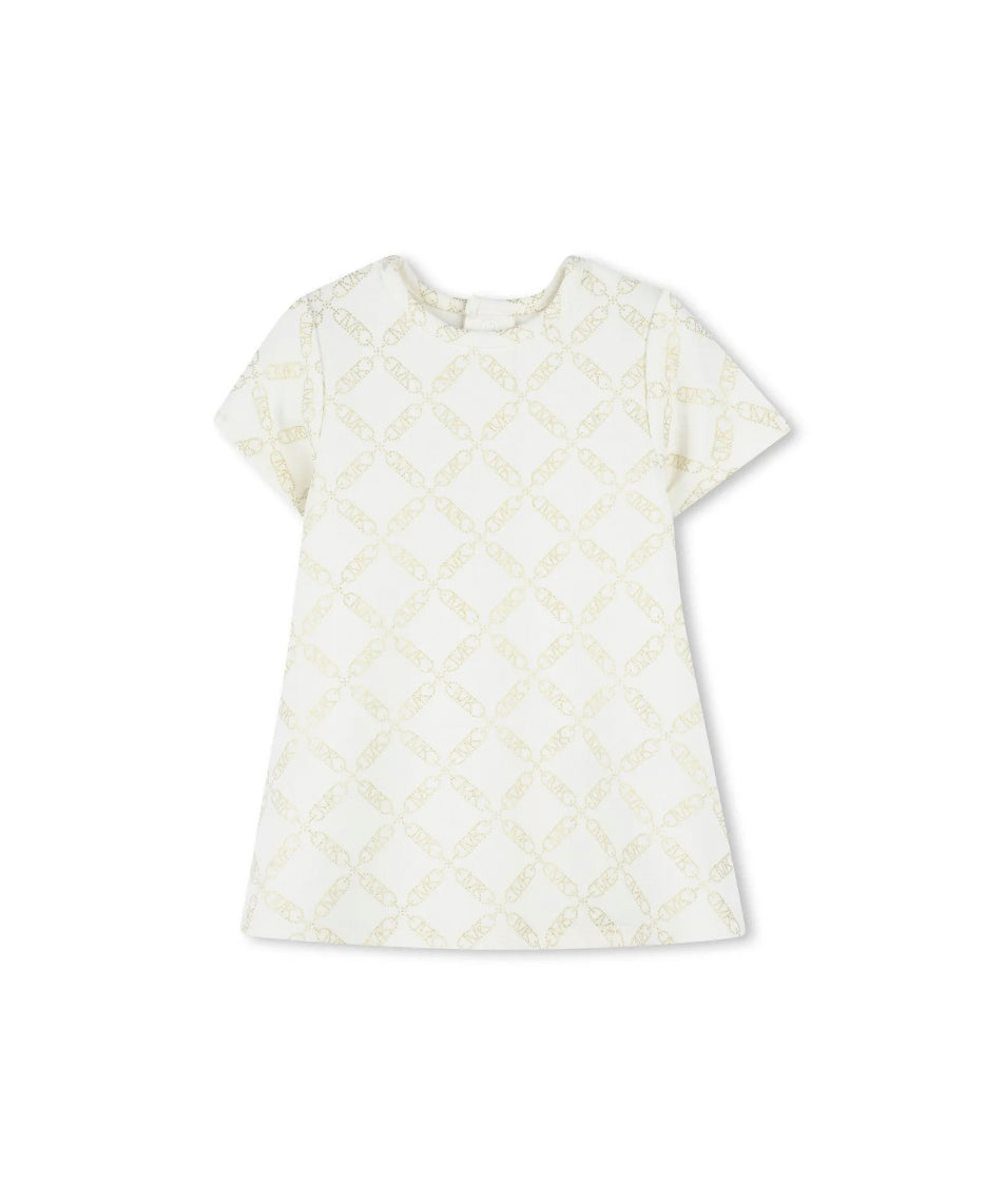 Michael Kors Kids Abito Ecrù Logo All Over per Neonate (fronte)