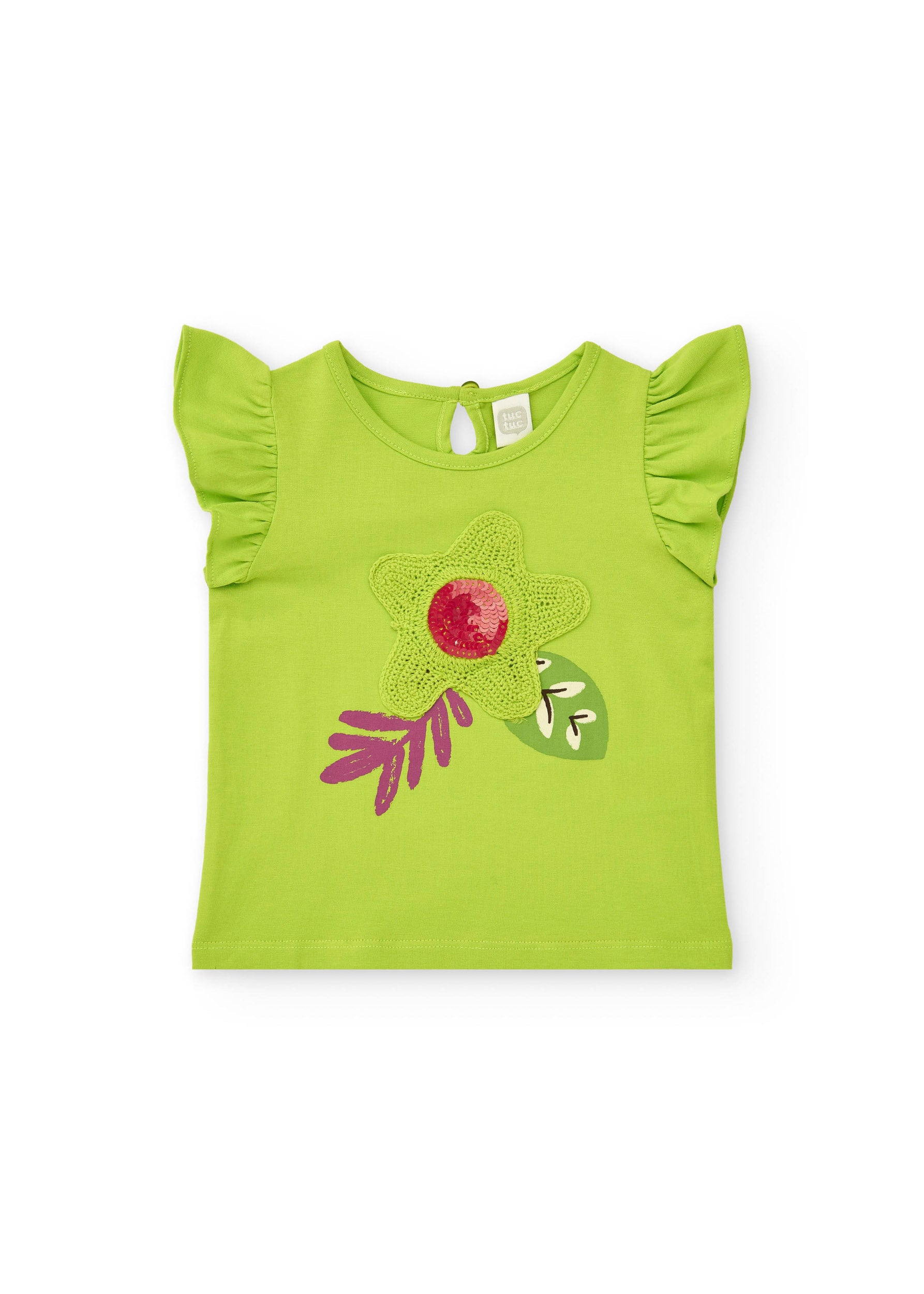 Tuc Tuc T-shirt Verde con Ricamo e Strass per Neonate