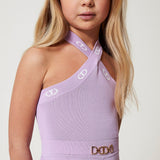 Twinset Kids Tuta in Maglia Viola con Logo Jacquard per Bambine (dettaglio indossato)