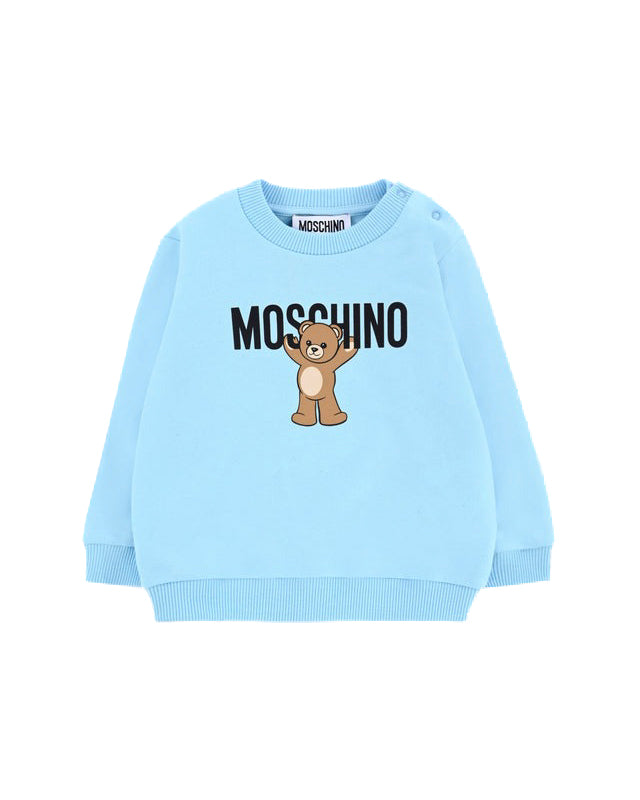 Moschino Kids Felpa Girocollo Celeste con Logo per Neonati