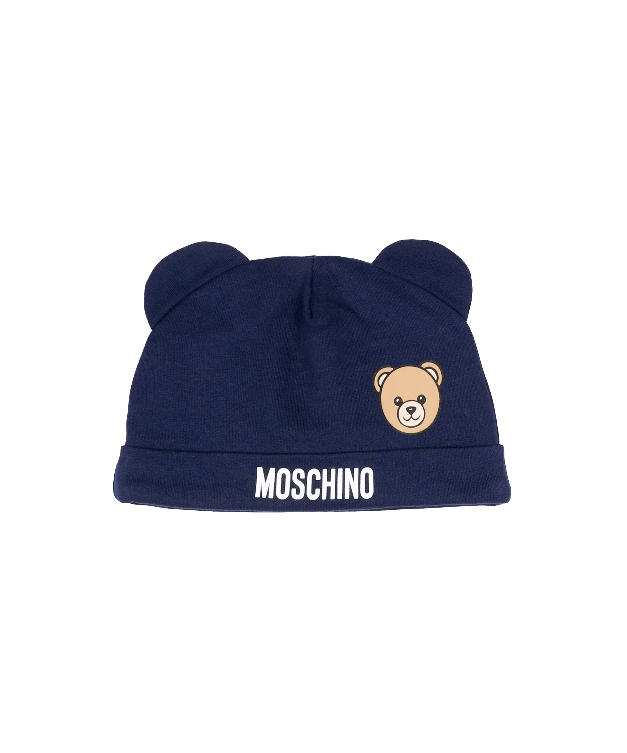 Moschino Kids Set Blu Navy con Cappellino e Bavaglino con Stampa Teddy Bear e Logo Unisex