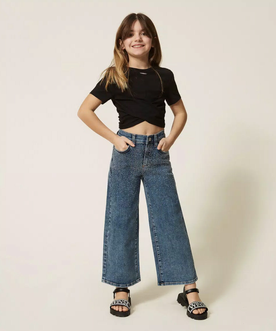 Twinset Kids Pantalone in Denim con Strass per Bambine