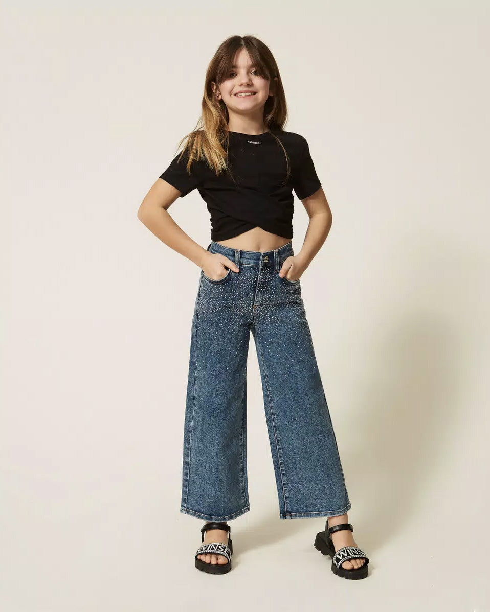 Twinset Kids Pantalone in Denim con Strass per Bambine