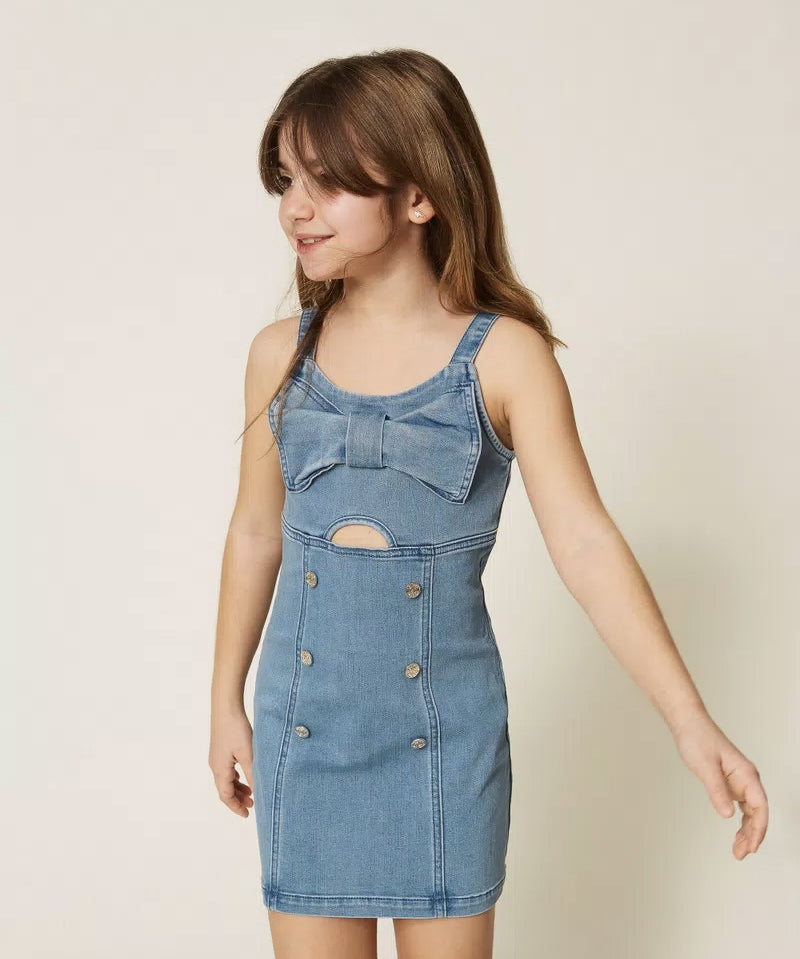 Twinset Kids Abito in Denim con Maxi Fiocco per Bambine