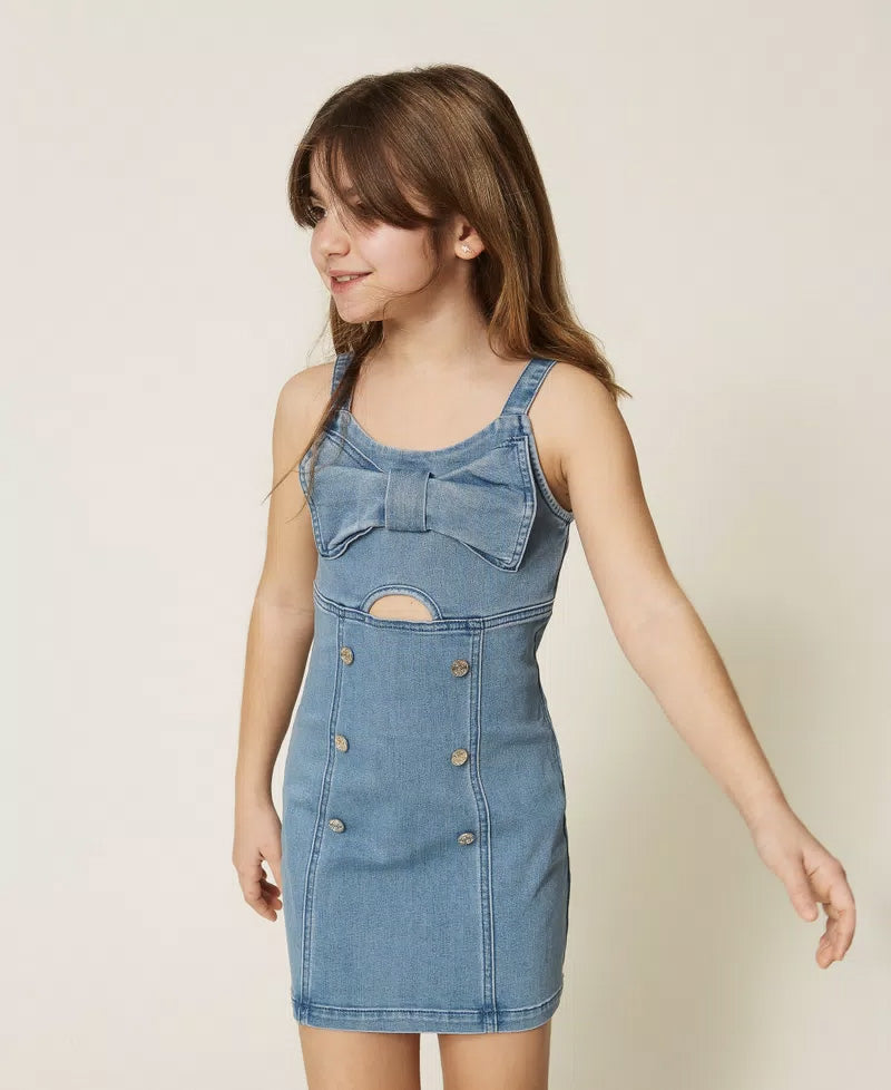 Twinset Kids Abito in Denim con Maxi Fiocco per Bambine