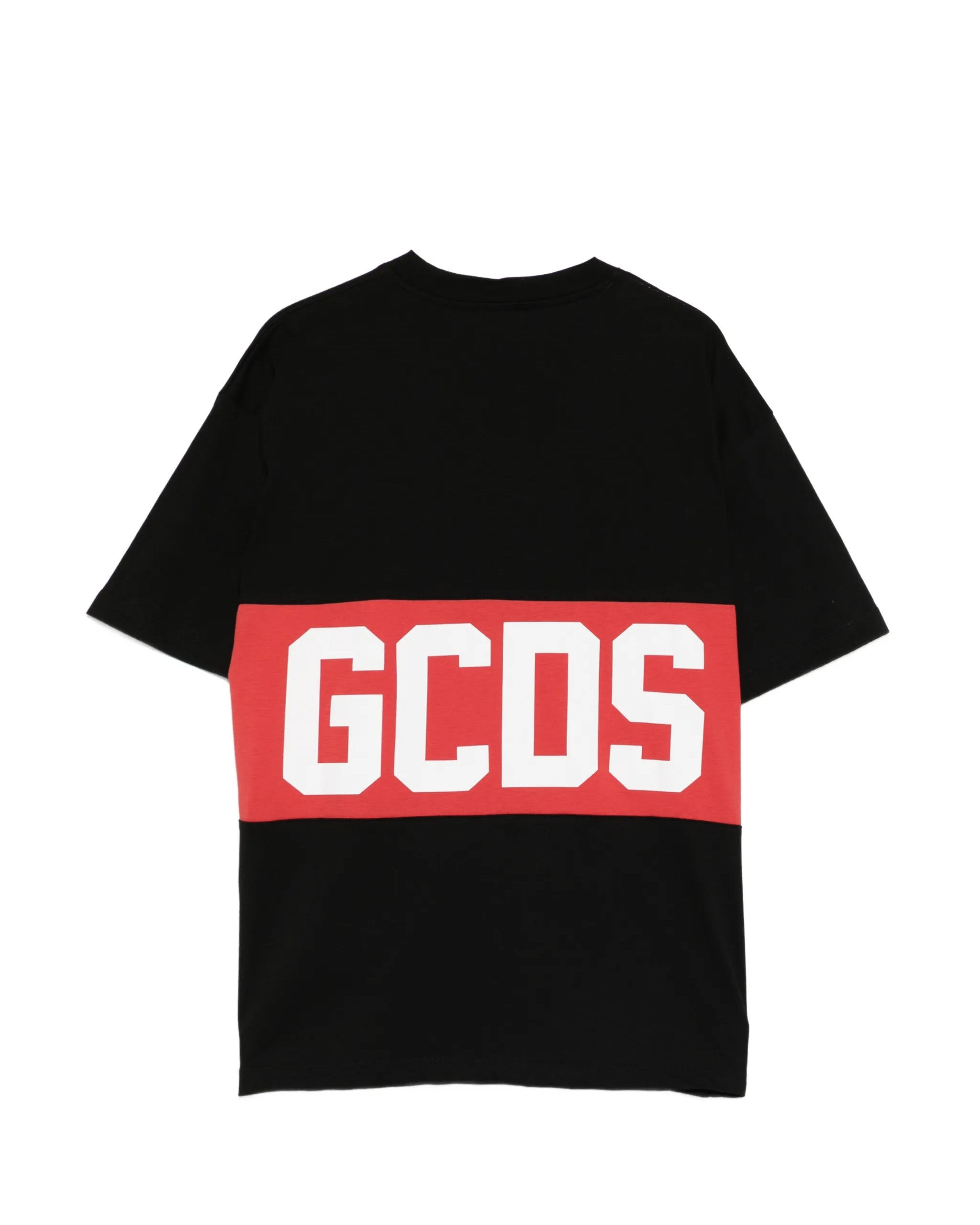 Gcds Kids T-Shirt Nera con Banda Rossa Logata Unisex