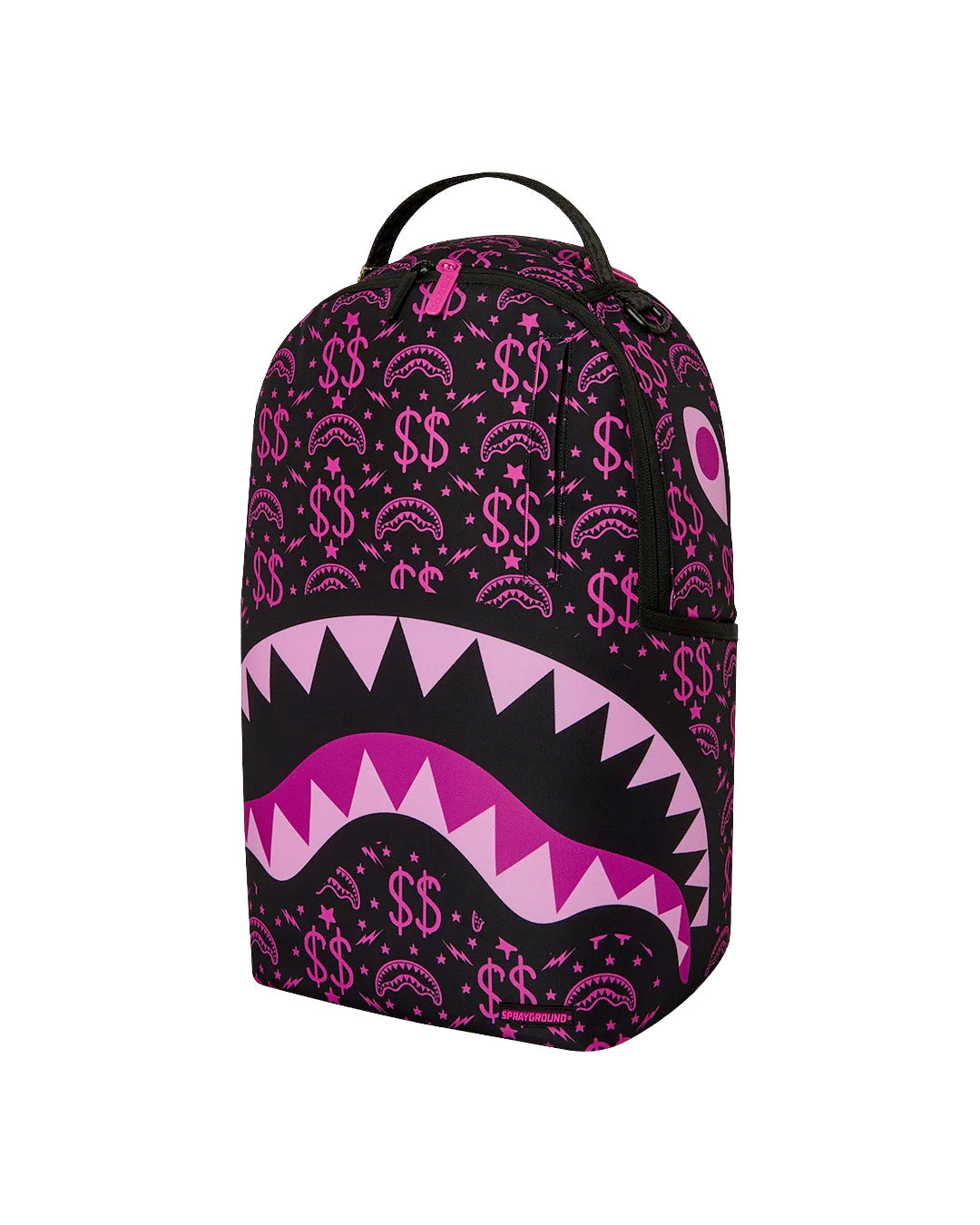 Sprayground Kids Think On It Zaino Nero con Stampa Shark Mouth e Dollari Rosa