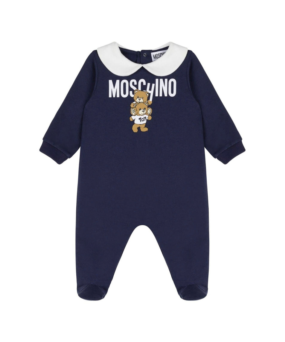 Moschino Kids Tutina Blu con Stampa Logo Teddy Bear per Neonati 