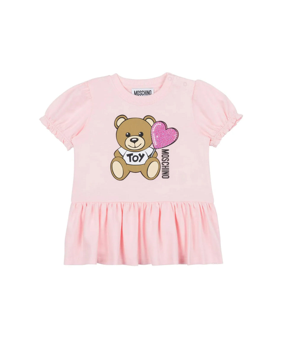 Moschino Kids Abito Rosa con Stampa e Ruches per Neonate