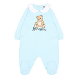 Moschino Kids Tutina Azzurra con Colletto Bianco e Stampa Teddy Bear con Logo per Neonati
