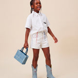 Msgm Kids Short in Denim Bianco con Cuciture a Vista per Bambine