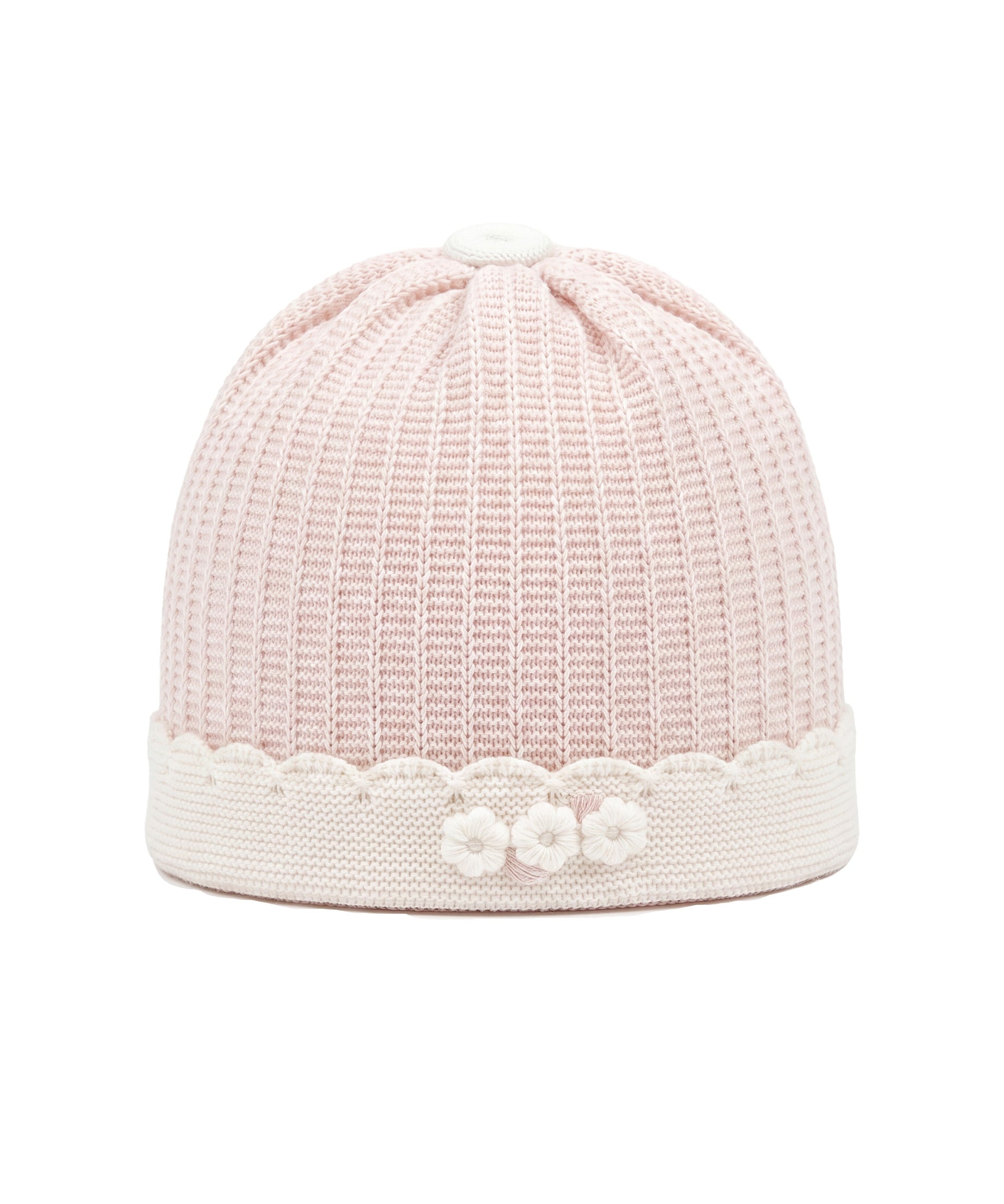 Marlù Cappellino Bianco/Rosa Cipria con Ricami Fiori per Neonate