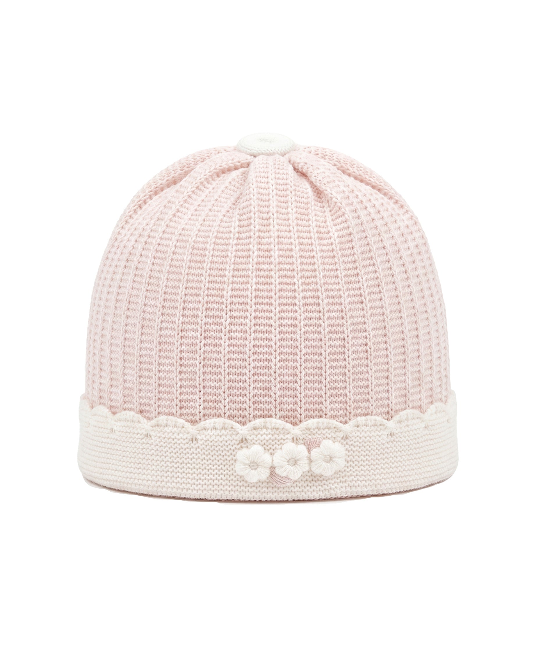 Marlù Cappellino Bianco/Rosa Cipria con Ricami Fiori per Neonate