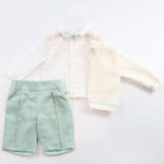 Marlù Completo Cardigan con Camicia Shorts e Papillon Vaniglia/Salvia per Neonati