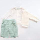 Marlù Completo Cardigan con Camicia Shorts e Papillon Vaniglia/Salvia per Neonati