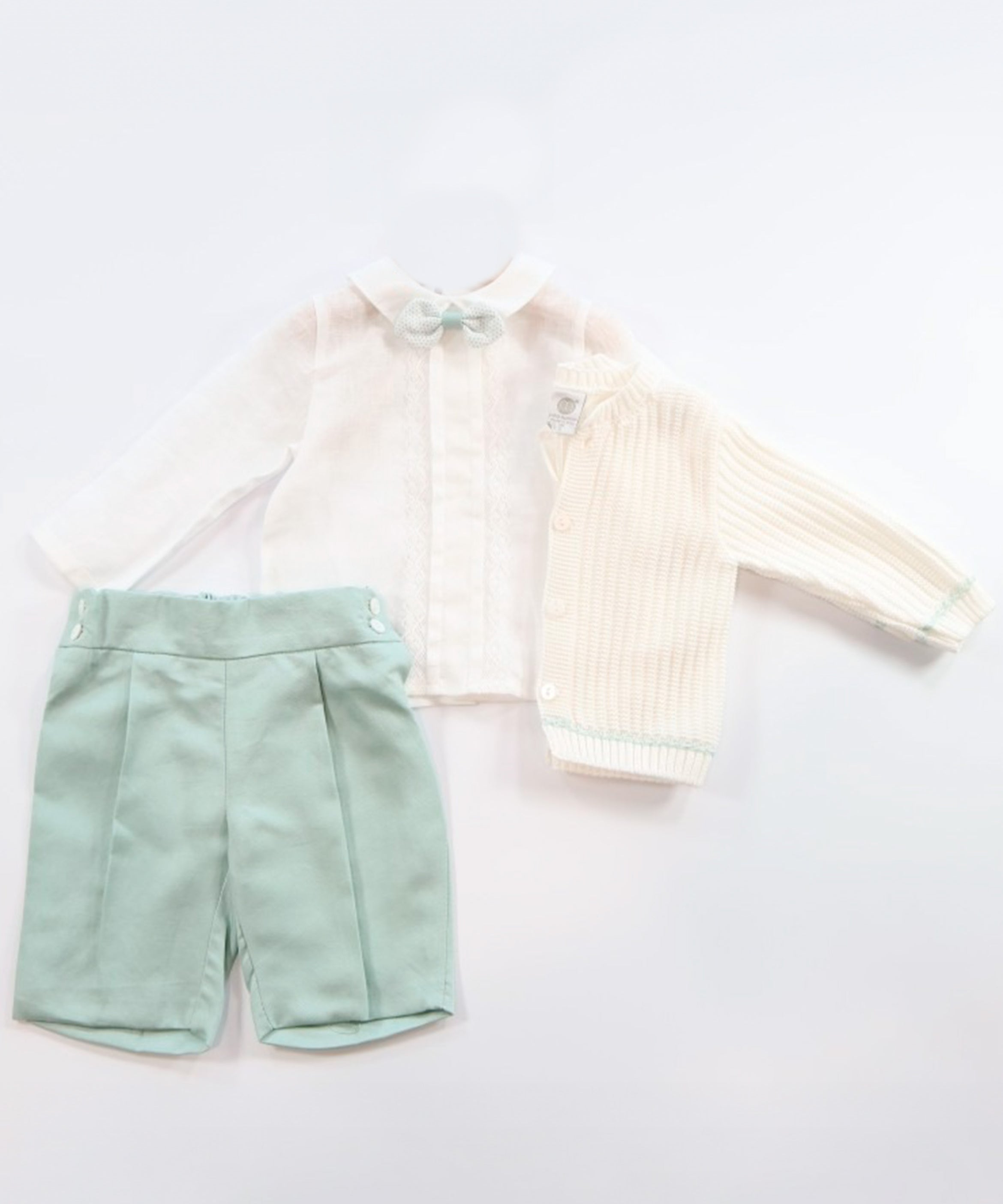 Marlù Completo Cardigan con Camicia Shorts e Papillon Vaniglia/Salvia per Neonati