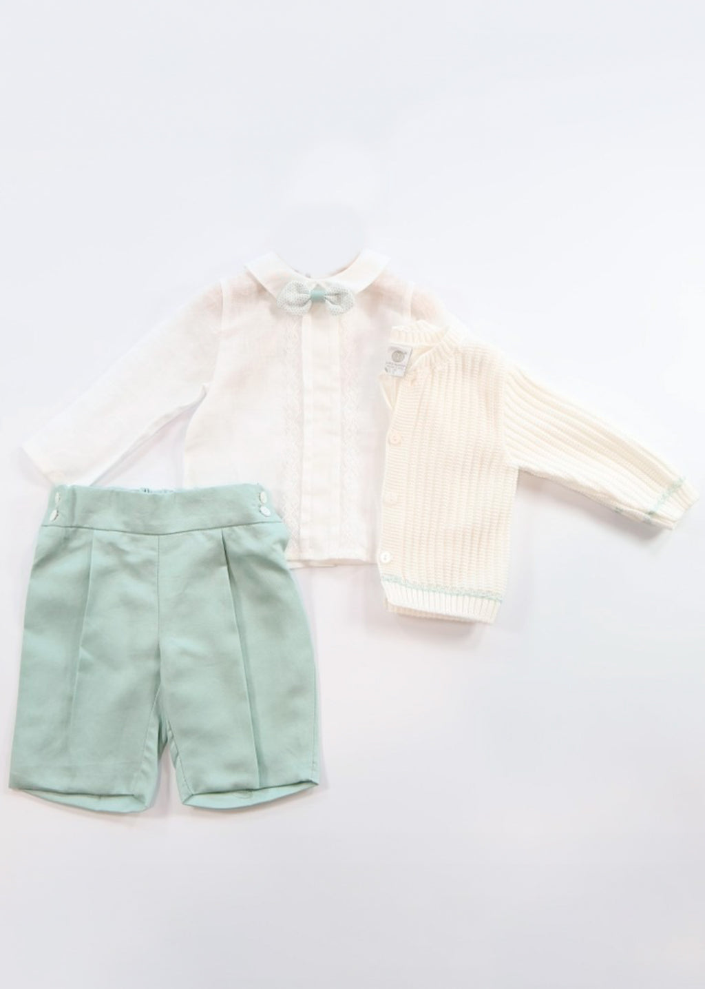 Marlù Completo Cardigan con Camicia Shorts e Papillon Vaniglia/Salvia per Neonati