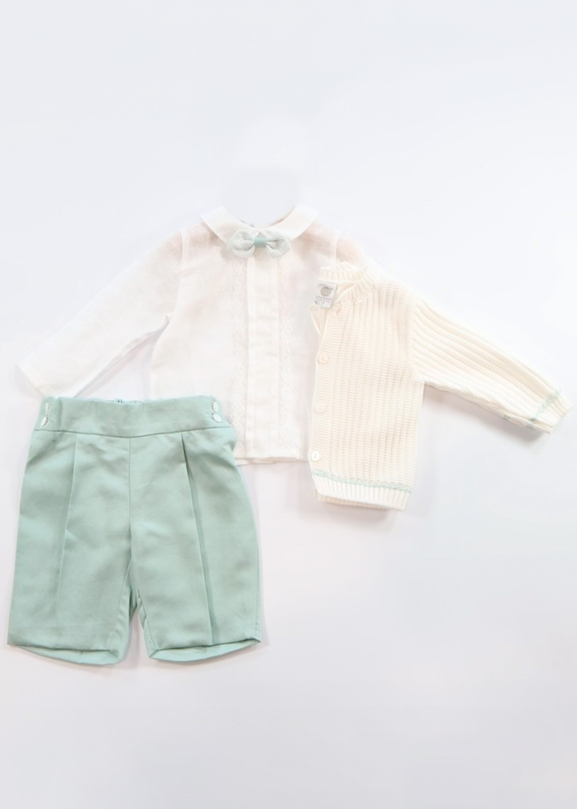 Marlù Completo Cardigan con Camicia Shorts e Papillon Vaniglia/Salvia per Neonati
