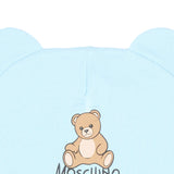 Moschino Kids Cappellino Celeste in Cotone con Orecchie, Stampa Teddy Bear e Logo per Neonati