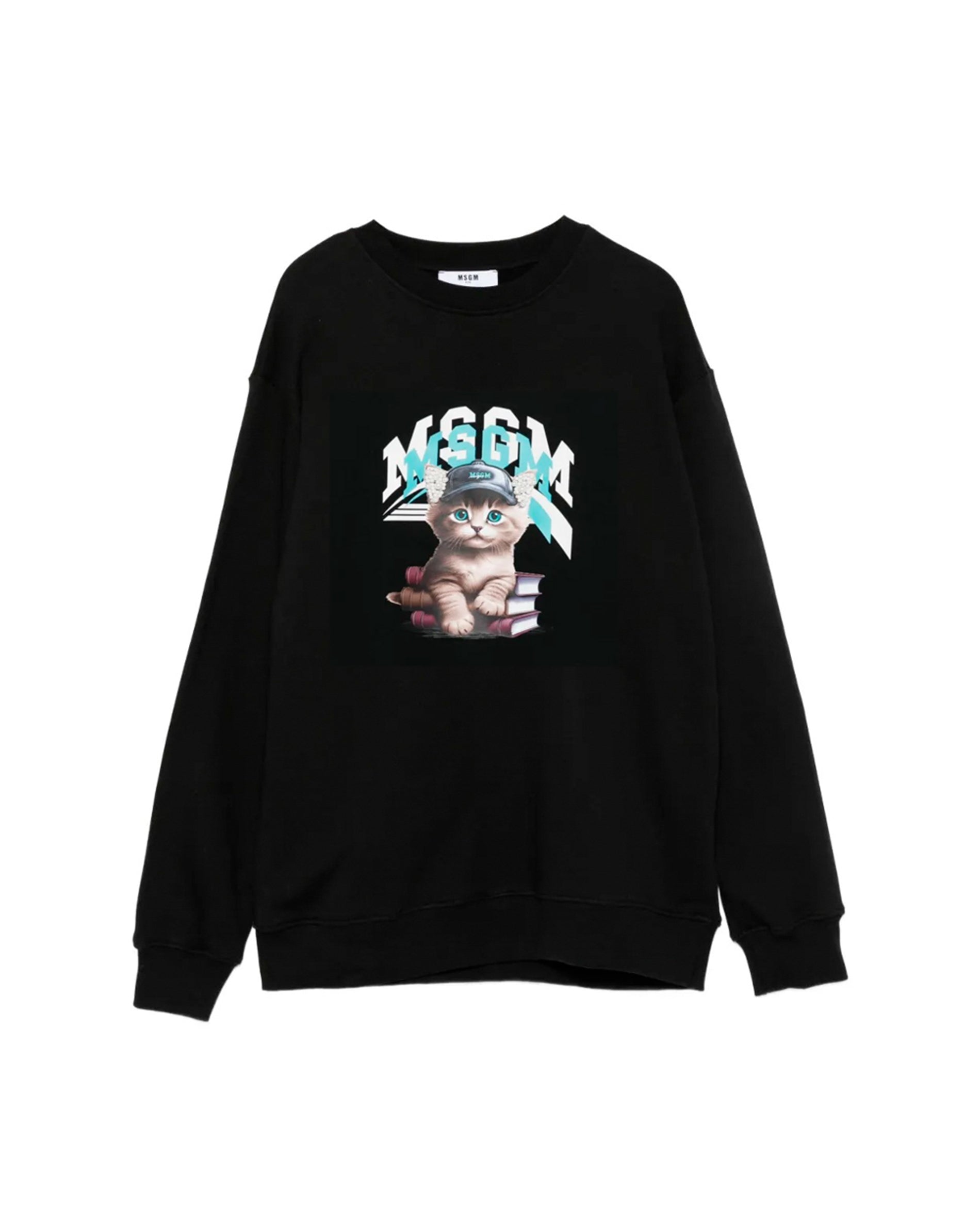 MSGM Kids Felpa Girocollo Nera con Stampa per Bambine