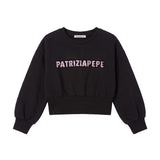 Patrizia Pepe Kids Felpa Nero con Logo Lettering Strass Rosa per Bambine