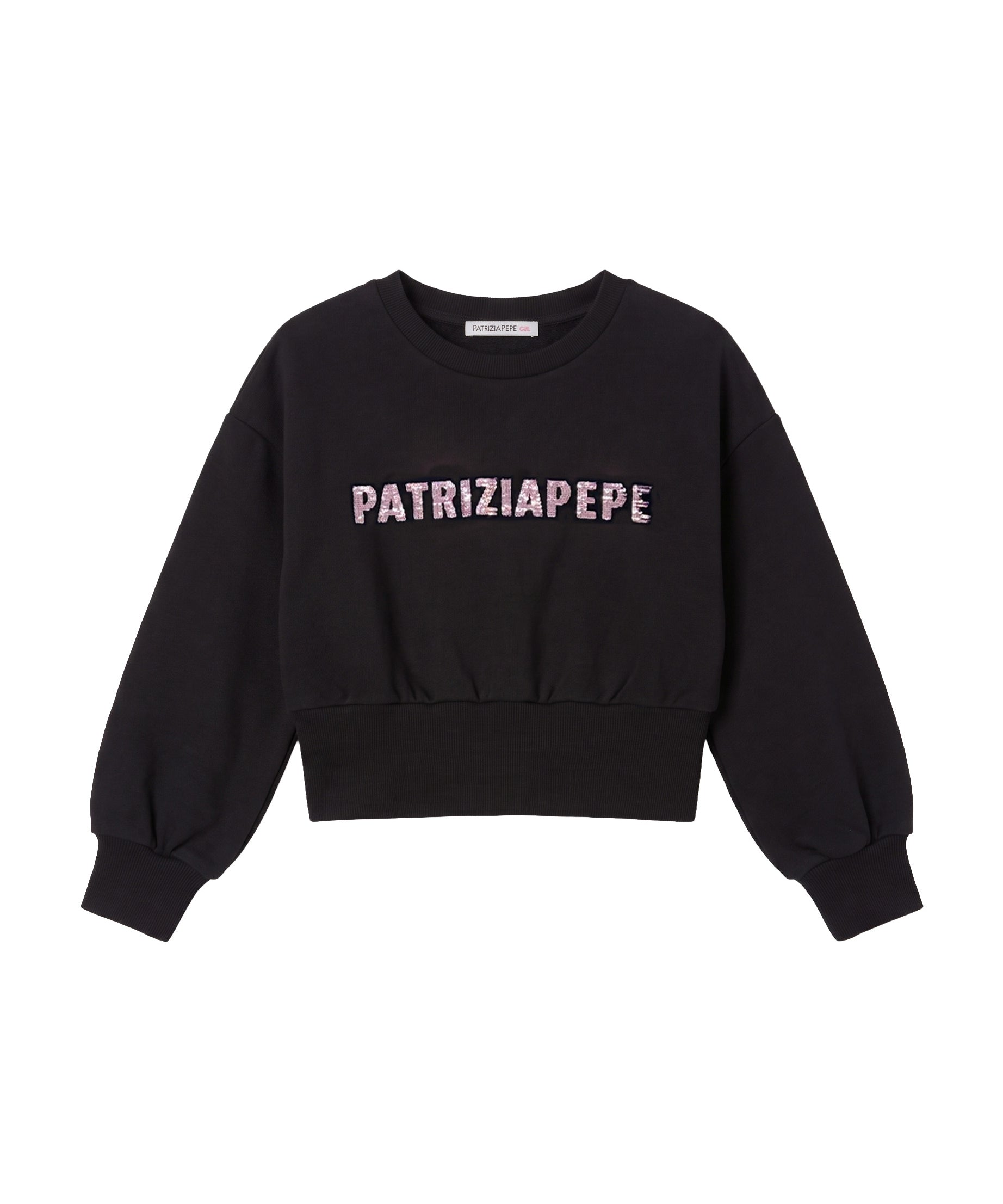 Patrizia Pepe Kids Felpa Nero con Logo Lettering Strass Rosa per Bambine