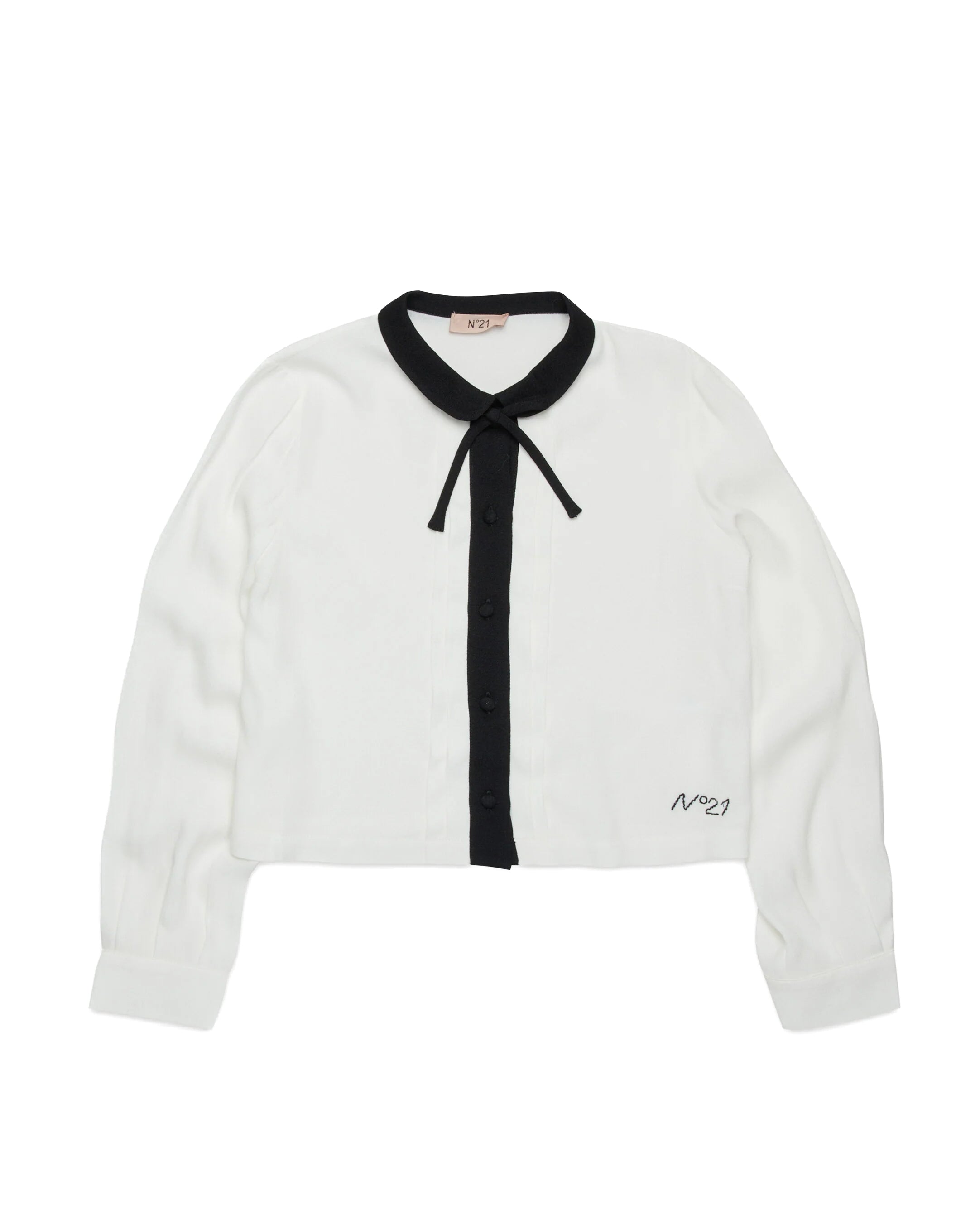 N21 Kids Camicia Bianca Cropped con Colletto a Contrasto e Ricamo Logo per Bambine