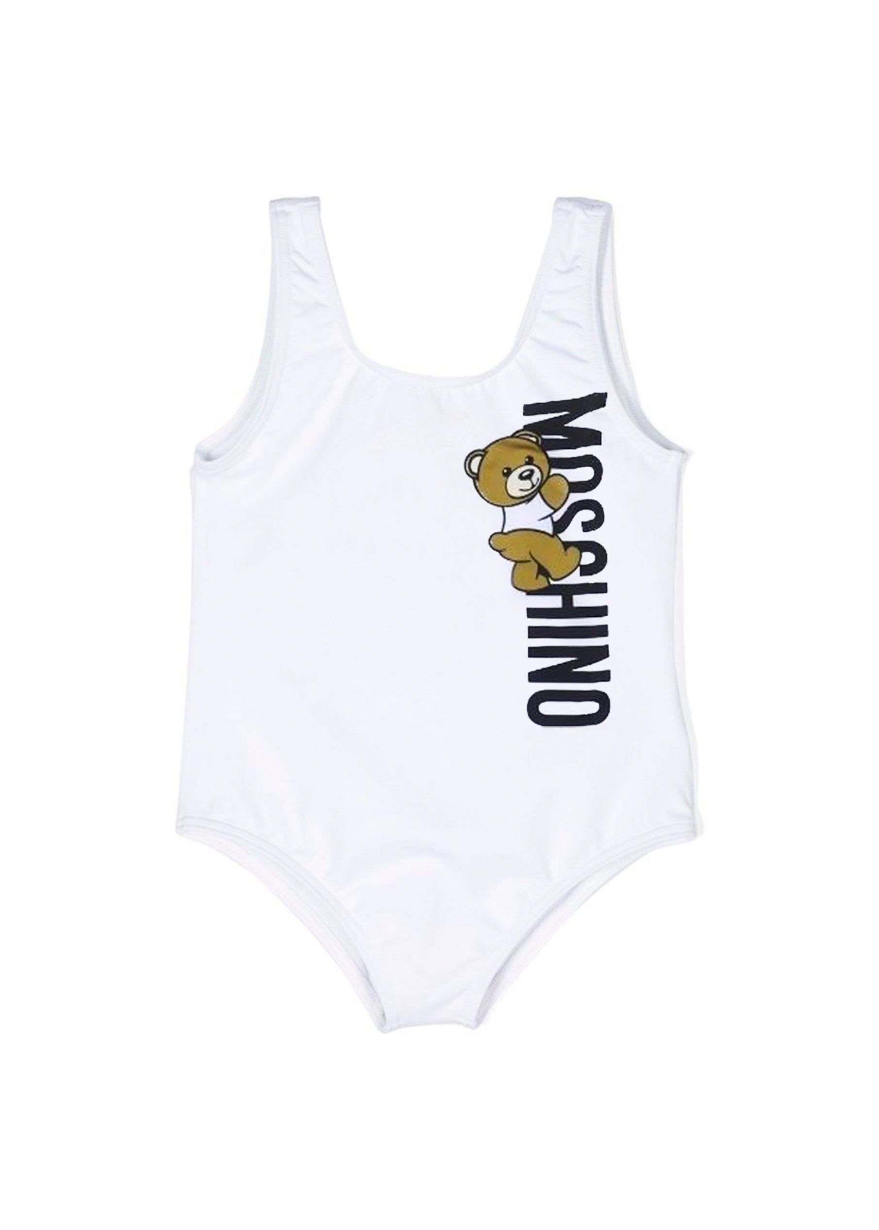 Moschino Kids Costume Monokini Bianco con Logo Teddy Bear per Bambine (fronte)