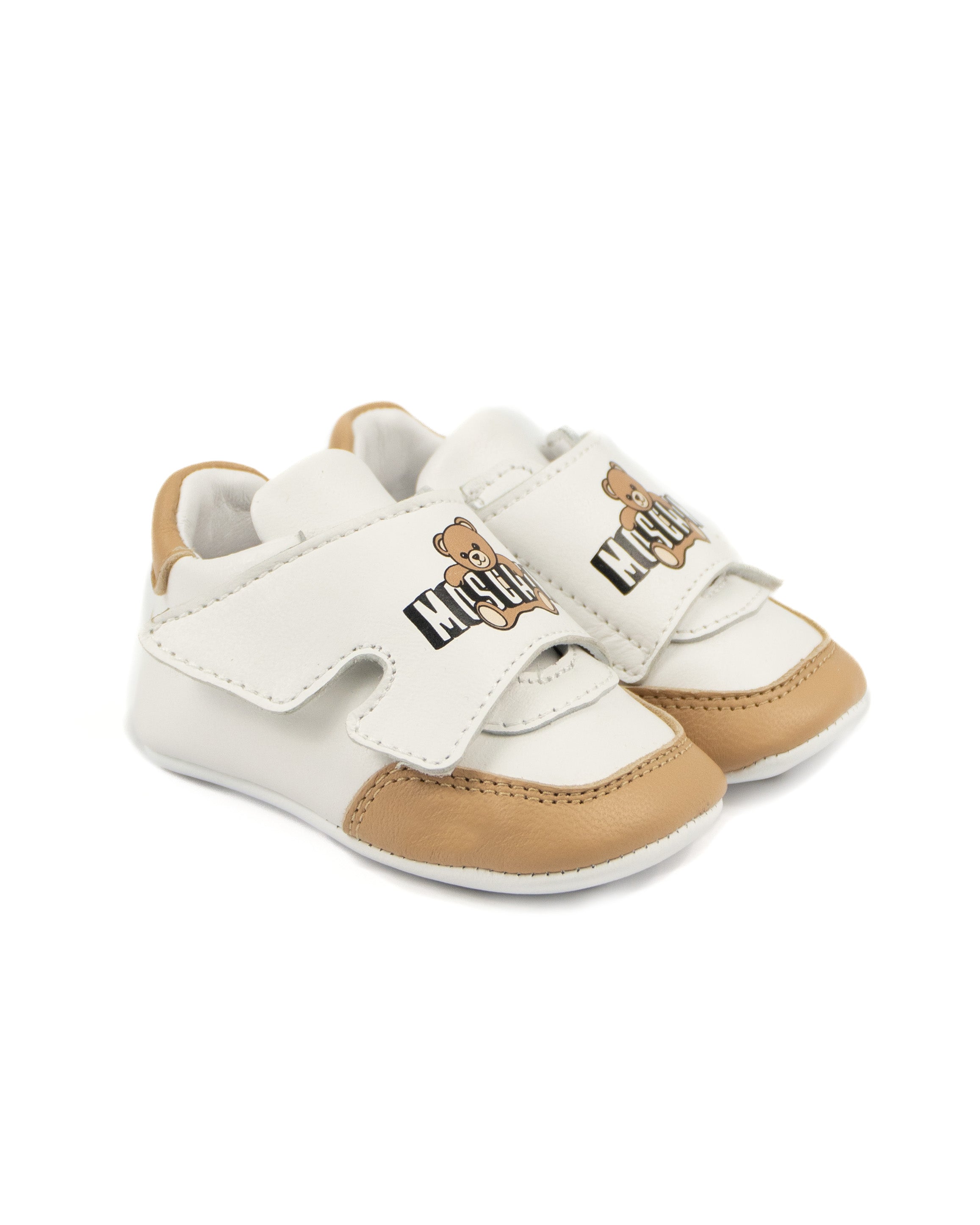 Moschino Kids Sneakers Bianco e Biscotto con Logo per Neonati