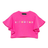 John Richmond Kids T-Shirt Crop Rosa con Logo Multicolor per Bambine