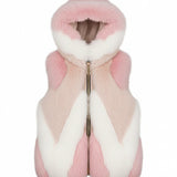 Yes London Gilet Ecovisone Tricolore Bianco/beige/Rosa con Cappuccio per Bambine